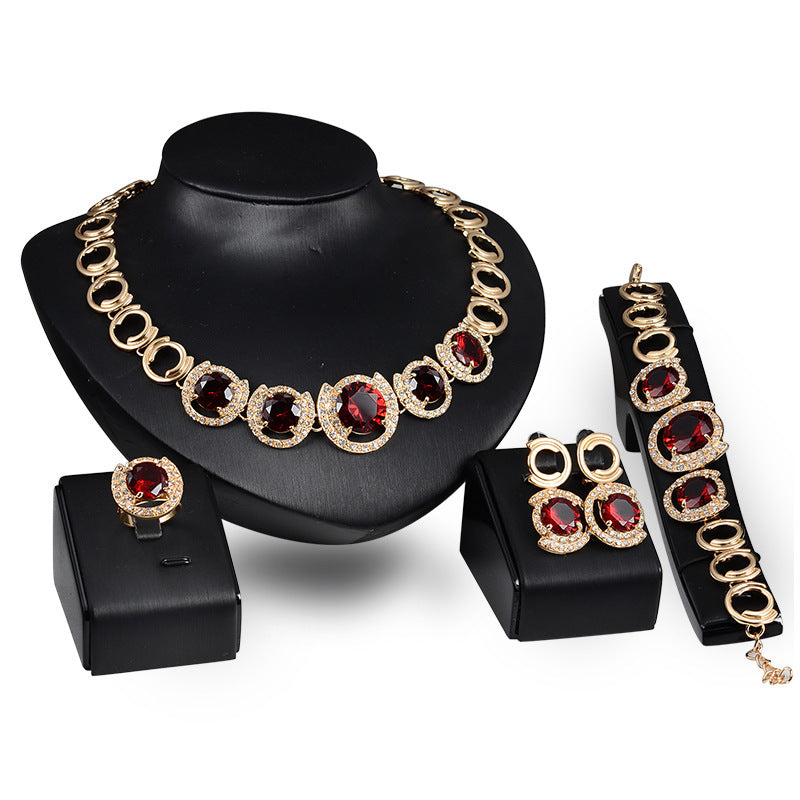 Wedding LUXURY Accessories GOLD Crystal Red Pendant Necklace Earrings Ring QUEENS Jewelry Sets