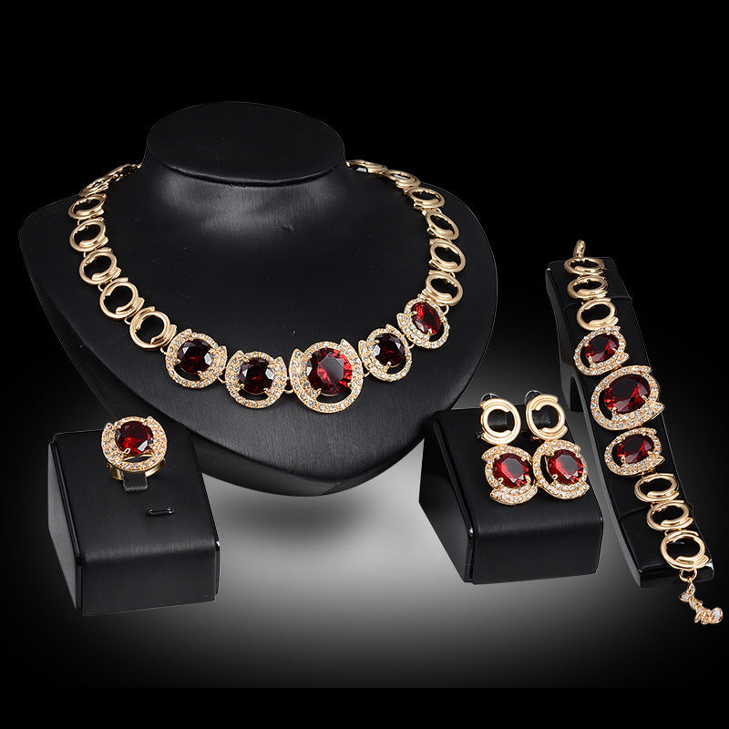 Wedding LUXURY Accessories GOLD Crystal Red Pendant Necklace Earrings Ring QUEENS Jewelry Sets